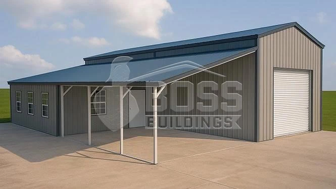 14'x35'x12' Metal Garage with 12x35x9 Utility Storage Lean-to