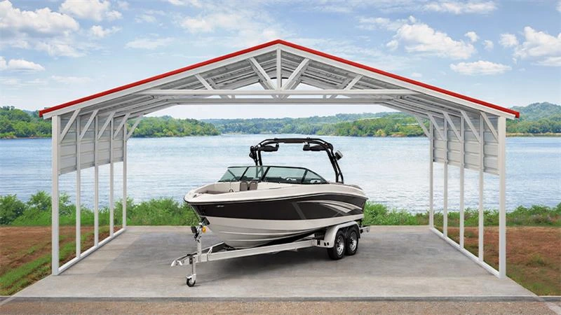 30'x20'x9 Metal Boat Carport Installed on the bank of a lake