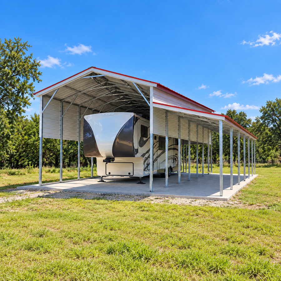 16x40 RV Carport with Lean to Under a Blue Sky Having an RV parked