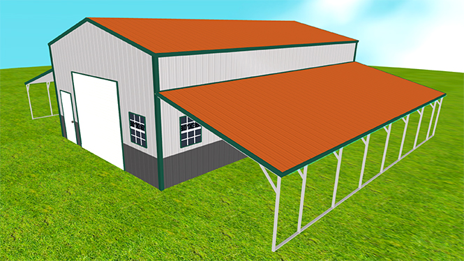 22x35x12 Metal Garage with two 12x35x9 Lean-to’s